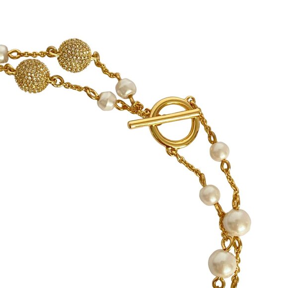 Talbots Pearls Rhinestone Balls Elegant Gold Tone Long or Double Necklace 36in - Picture 8 of 11